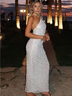 White Fox Boutique White One-Shoulder Sequin Maxi Gown